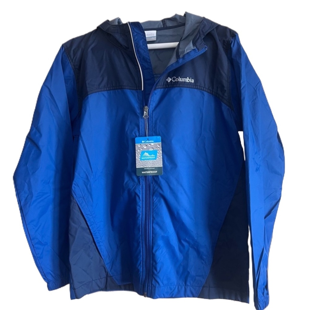 Columbia Glennaker Boys Youth L Waterproof Hooded Rain Jacket Blue NWT